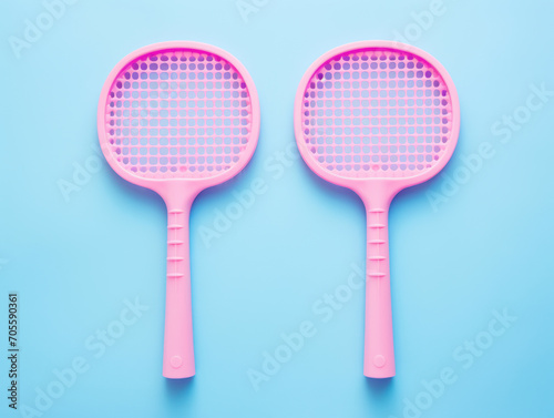 Two identical pink pickleball paddles on a light blue background.