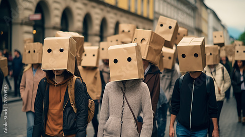 a crowd of people on the street with boxes on their heads, the concept of a public issue, unknown masked people, protest, democracy photo