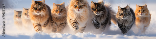 group of cats long narrow panoramic view in a dynamic pose running through fluffy snow, the onset of winter, December christmas nature © kichigin19
