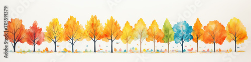 watercolor autumn yellow trees on a white background, long narrow panoramic view a row of autumn trees simple illustration