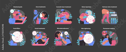 Aesthetic treatment set. Advanced skin rejuvenation and beautification methods. Featuring peels, fillers, and laser therapy. Flat vector illustration.
