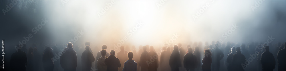 abstract silhouettes of crowds of people in the fog, long narrow panoramic view, blurred light background urban view traffic abstract silhouettes of crowds of people in the fog, long narrow panoramic view, blurred light background urban view traffic