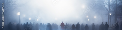 abstract silhouettes of crowds of people in the fog, long narrow panoramic view,  blurred light background urban view traffic photo