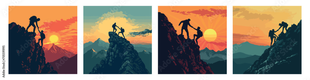 Helping friend reach the mountain top silhouette. Teamwork concept with friends holding hands close to mountain top. Success, victory, goal, achievement. Vector illustration