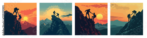 Helping friend reach the mountain top silhouette. Teamwork concept with friends holding hands close to mountain top. Success, victory, goal, achievement. Vector illustration