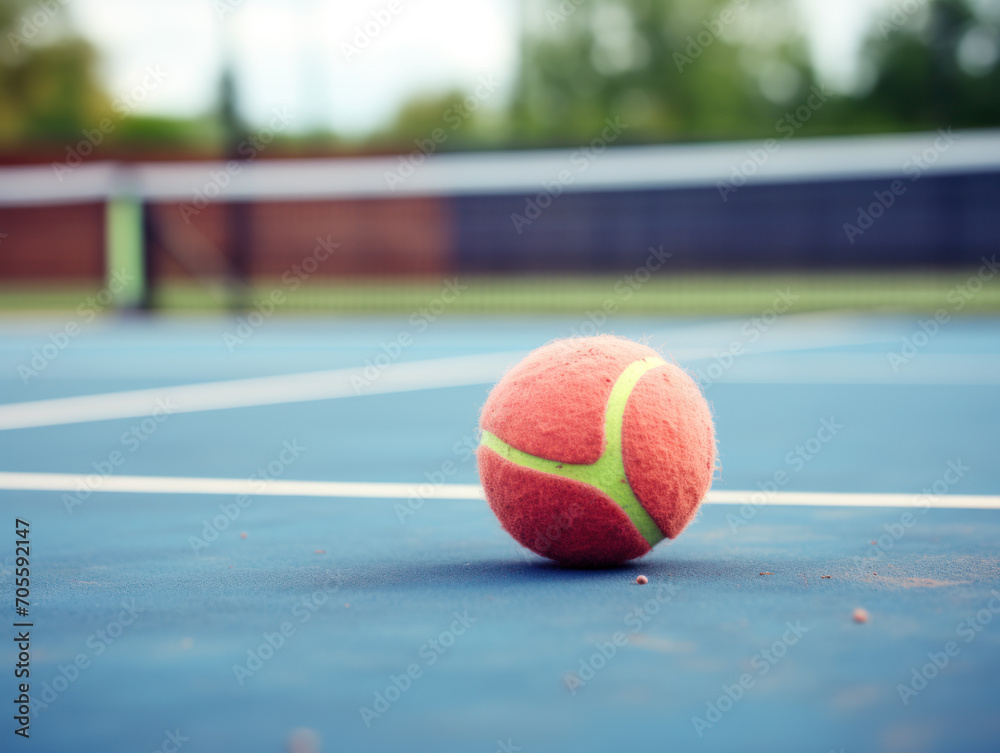 A tennis ball rests on the blue court with the net in soft focus behind.