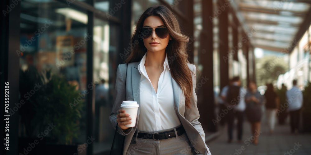 A stylish business lady with a white cup of coffee walks down the street near shop windows.