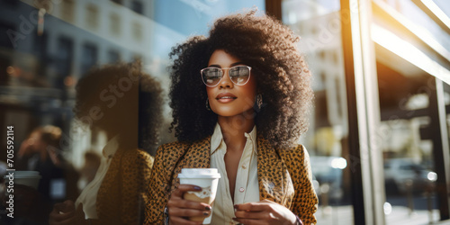 A stylish African-American business woman with a cup of coffee stands on the street near the window of a business center. photo