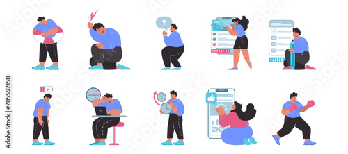 Workflow set. Challenges and achievements in the workplace, from task management to financial planning. Flat vector illustration.