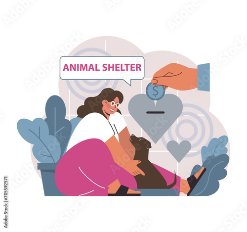 Charity and charitable foundation. Animal shelter donation. Volunteer help homeless animals or pets. Young woman taking care of homeless puppy. Vector flat illustration