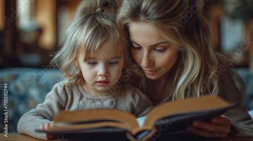 Parent and child reading a book in the room. Leisure time together concept. Selective focus. Happy childhood. Pre school time. School preparation. 