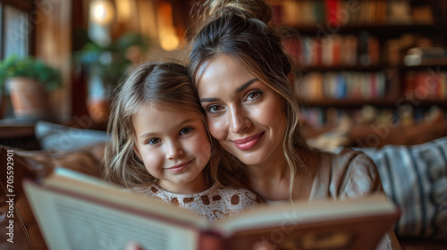 Blond mother and her child reading a book in the library of the house. Selective focus. Leisure time together concept. Happy childhood. School preparation. 