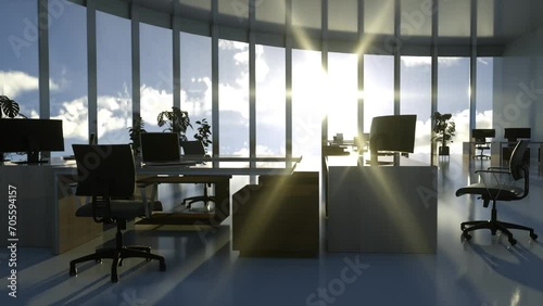 Interior of a business office on a bright sunny day, 3D animation