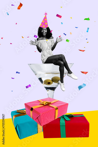 Vertical artwork photo collage of funky overjoyed lady in paper cap sit on glass of martini alcohol huge gift box birthday party confetti