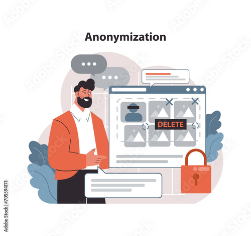 Anonymization concept. Man oversees digital images ready for deletion, emphasizing data privacy and protection methods. Ensuring user's online identity remains undisclosed. Flat vector illustration