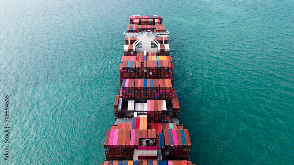 Fototapeta premium global business transportation, cargo logistic container ship sailing in sea import export goods and distributing products to dealer and consumers worldwide, top view