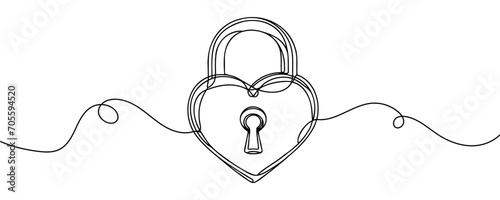 single line drawing of a heart-shaped security lock with a key hole. Vector illustration.
