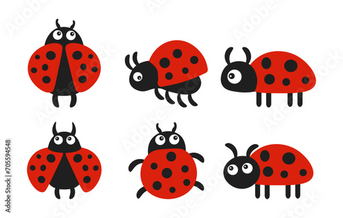 Set of cute cartoon ladybugs on a white background. Baby stickers, icons, decor elements, vector © Tatiana