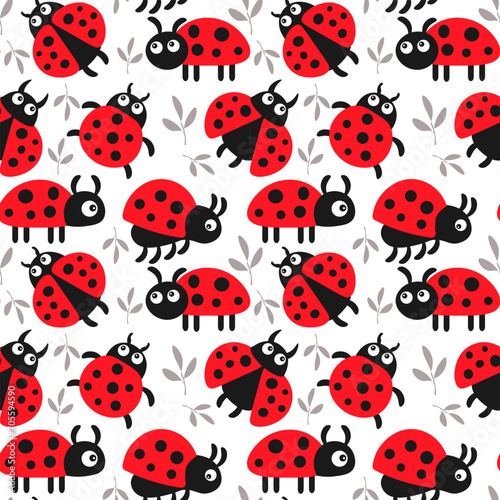 Seamless pattern, cute cartoon ladybugs on a white background. Baby background, print, textile, vector