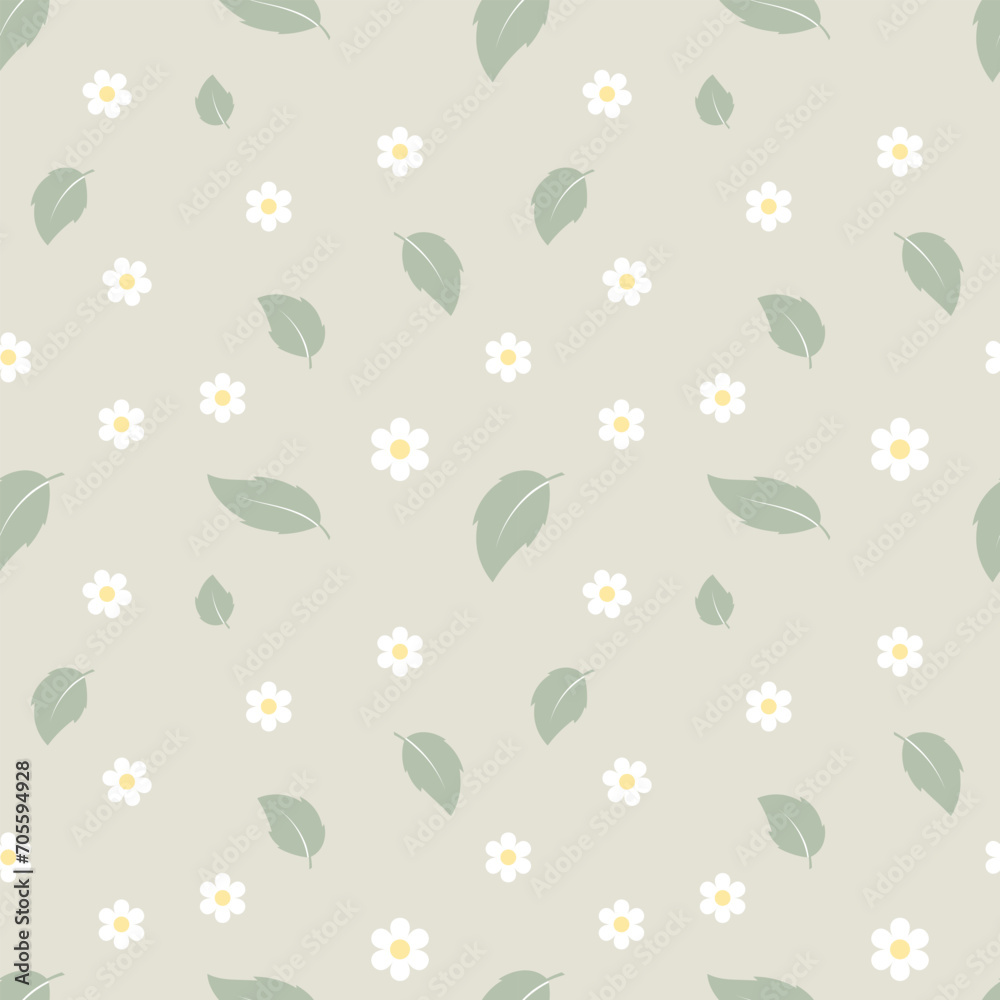 Seamless pattern, small daisy flowers and scattered leaves on a light background. Background, textile, vector