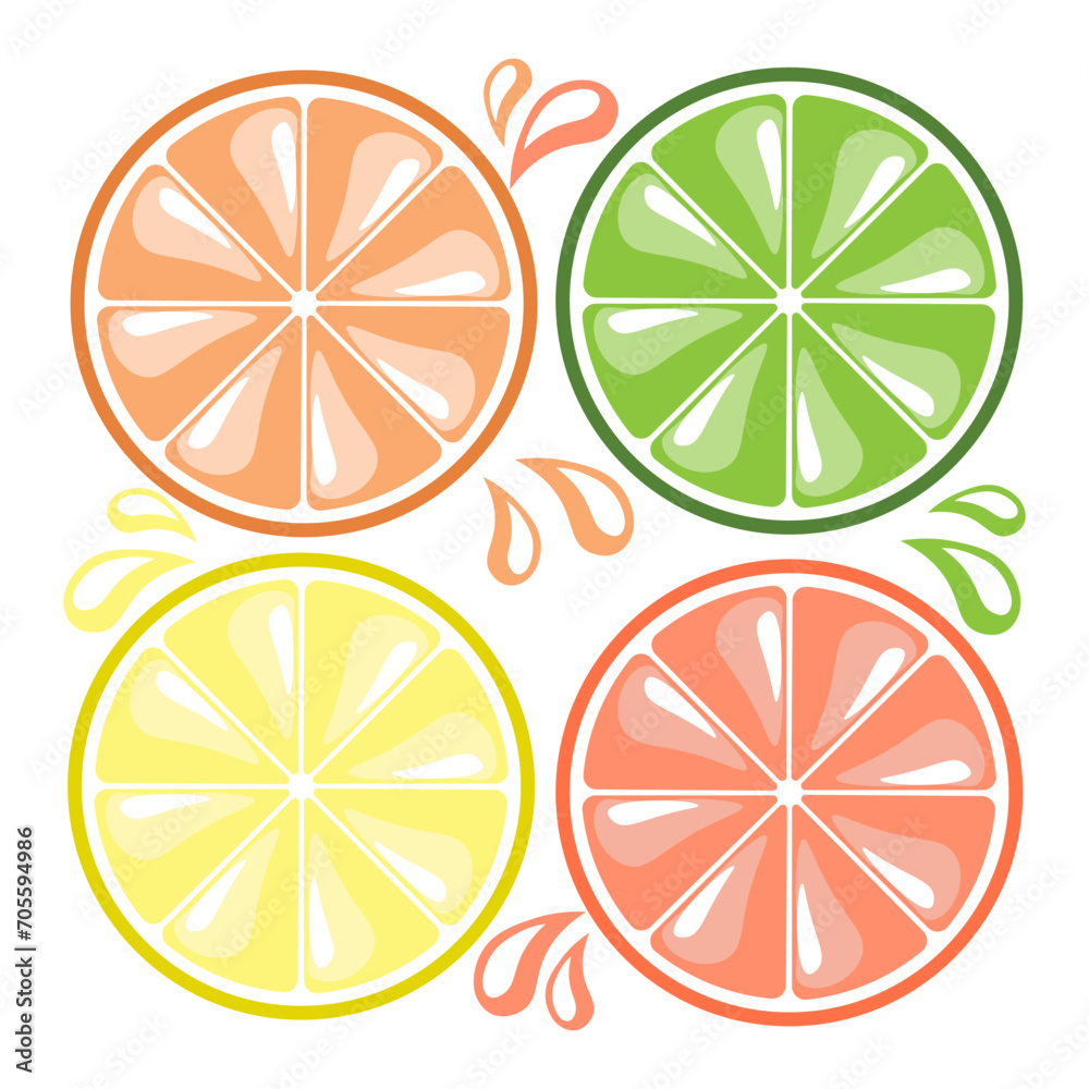 Set, slices of citrus lemons, oranges, grapefruits and limes with juice drops. Decor elements, icons, vector Set, slices of citrus lemons, oranges, grapefruits and limes with juice drops. Decor elements, icons, vector