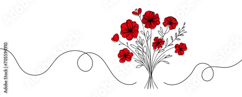 Drawn bouquet of flowers in one line. Vector illustration.