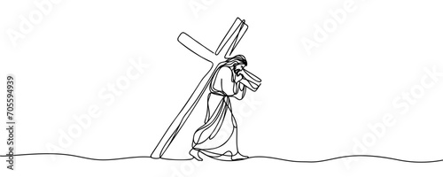 drawing of jesus christ carrying the cross drawn continuous line. Vector illustration