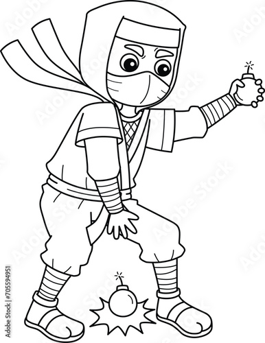 Ninja with Smoke Bomb Isolated Coloring Page