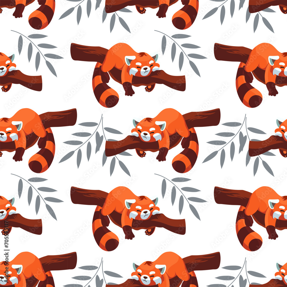 Seamless pattern, funny tired raccoons are sleeping on a tree. Cartoon background, baby wallpaper, vector