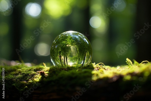 Earth Day. Serene Green Globe Nestled in Lush Mossy Forest with Gently Filtered Sunlight