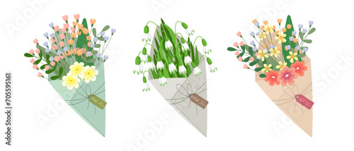 Set of envelopes with flowers, gift icons. Spring illustration, greeting icons, vector