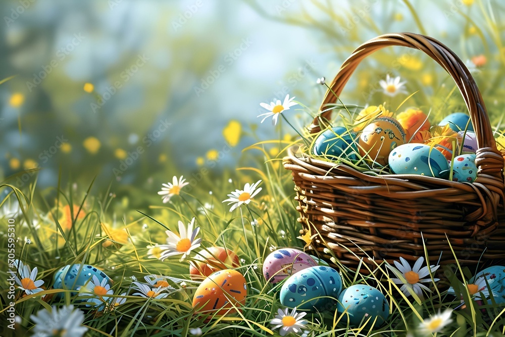 Wicker basket filled with colorful Easter eggs nestled among daisies in a sunny meadow Wicker basket filled with colorful Easter eggs nestled among daisies in a sunny meadow