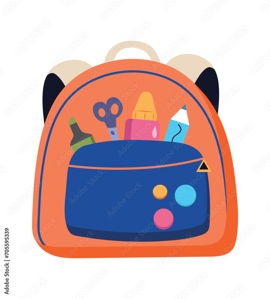 School backpack of colorful set. This cartoonthemed illustration