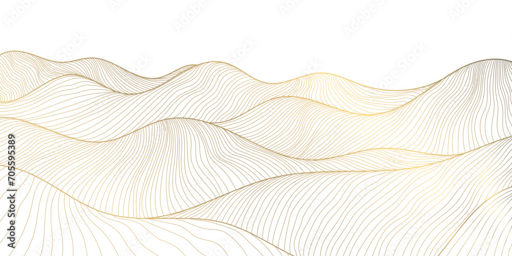 Vector line japanese art, mountains background, landscape dessert texture, wave pattern illustration. Golden minimalist drawing.