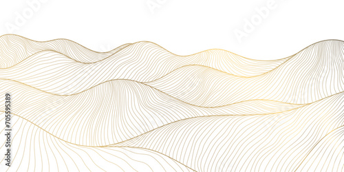 Vector line japanese art, mountains background, landscape dessert texture, wave pattern illustration. Golden minimalist drawing. photo