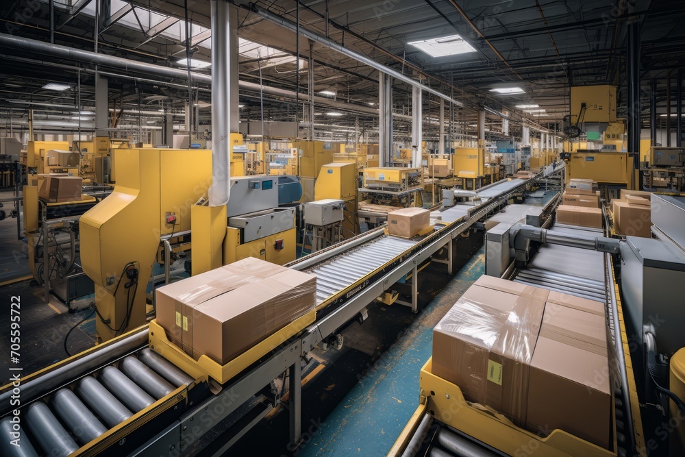 Efficient conveyor belt transporting cardboard boxes in a dynamic warehouse fulfillment center