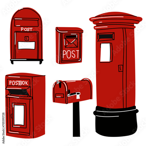 Mailboxes, a set of mailboxes for letters. Different mailboxes in red and black colors. Modern vector illustration, hand-drawn. Isolated design elements. Delivery, message, communication concept Boxes