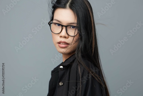 Smile woman portrait background beautiful fashion glasses asian