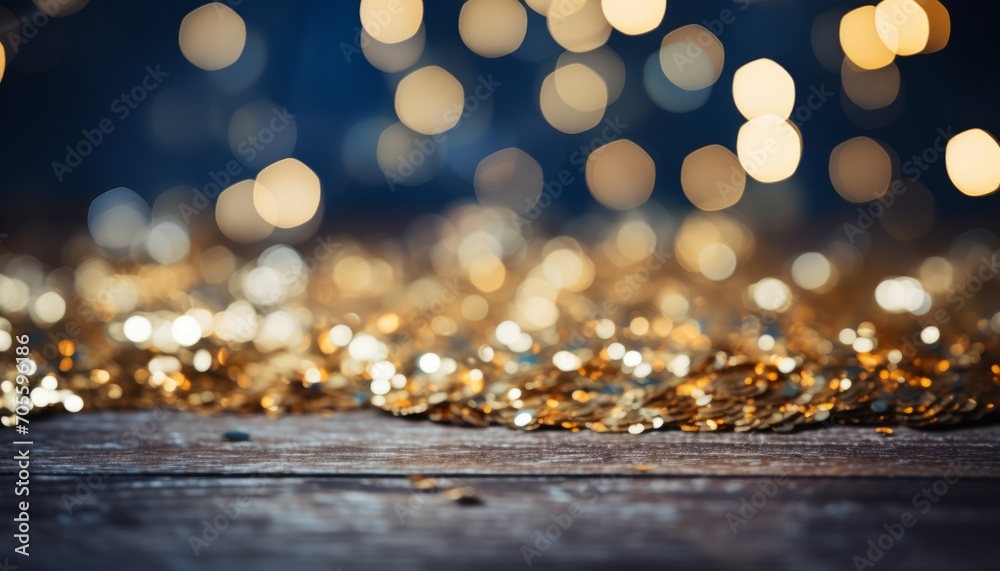Golden christmas light particles on navy blue background with dark blue and gold particles