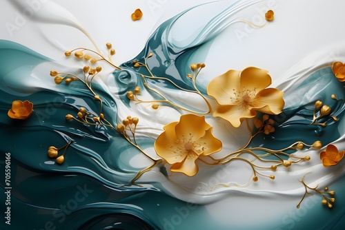 AI 3d illustration of abstract blue background with gold flowers and splashes #705596166