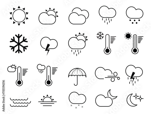set of weather icon, weather icons,  Weather icons. Weather forecast icon set. clouds icon . Weather , clouds, sunset, moon, snowflakes, wave ,sun day. Vector illustration.