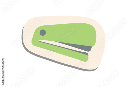 School sticker of cartoon colorful set. This bright stapler is a necessary assistant in school affairs, such as documentation. Vector illustration.