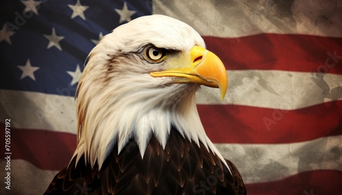 Majestic american bald eagle displaying its regal stature on a worn and weathered united states flag