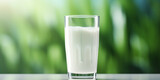 glass of milk, A glass of milk on a natural background, Glass of milk on wood background, Fresh milk on wooden with grass field and cows background, generative AI

