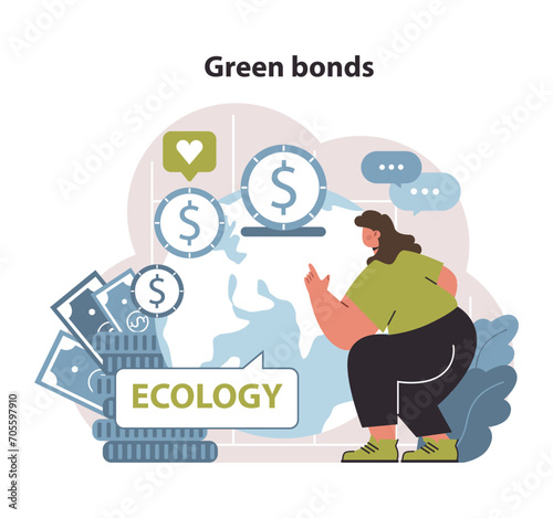 Green bonds concept. Investment in environmental sustainability. Funding projects for a cleaner future. Flat vector illustration.