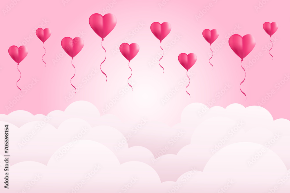 Heart shaped balloons flying on a pink background. Vector symbols of love for Valentine's Day. Vector illustration for your design