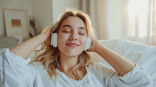 Woman Sitting on Couch Listening to Headphones