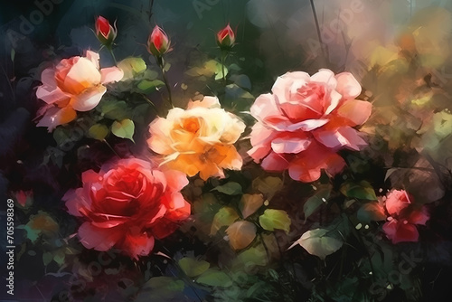 Beautiful flowering roses in the summer garden, watercolor painting.