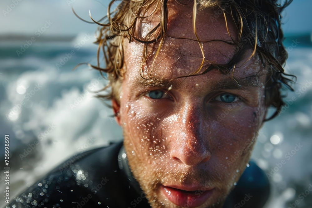 A dripping portrait of a man with piercing blue eyes, his face illuminated by the sunlight as he emerges from the crystal clear water on a secluded beach