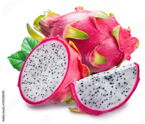Dragon fruit and cross section of dragon fruit with white pulp with black crunchy seeds isolated on white.